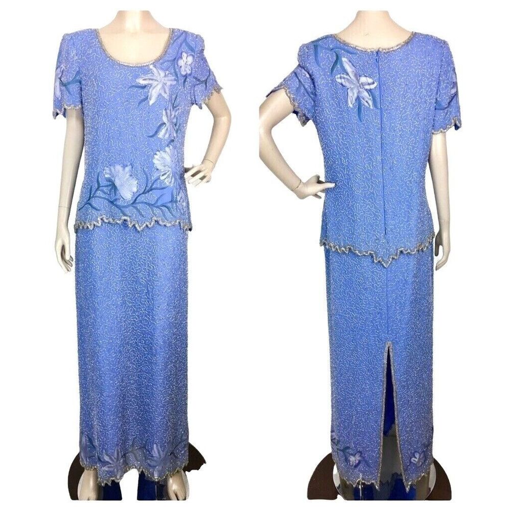 Vintage Laurence Kazar 100% Silk Fully Beaded Hand Painted Floral Party Dress